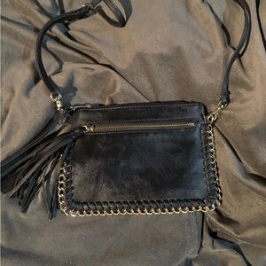 Black Leather Crossbody Bag with Gold Chain Detail